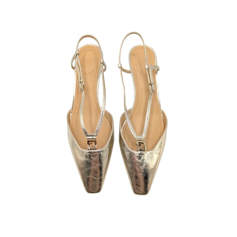 Fendi FFold Gold Metallic Leather Slingback Pumps Kitten Heels Size 39.5
